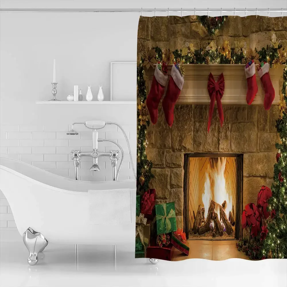 Christmas Eve Fireplace Xmas Socks Gifts Durable Waterproof Polyester Fabric Curtains