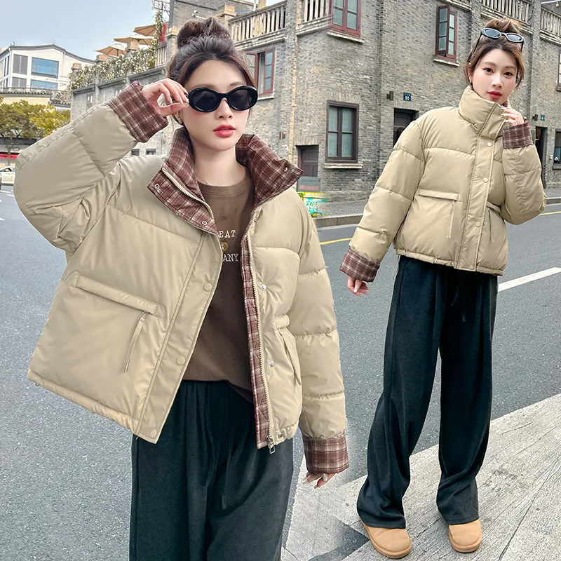 

Women Parkas Coats Patchwork Jacket Stand Collar Checks Zipper Button Long Sleeve Straight Casual Office Lady 2025 Autumn Winter