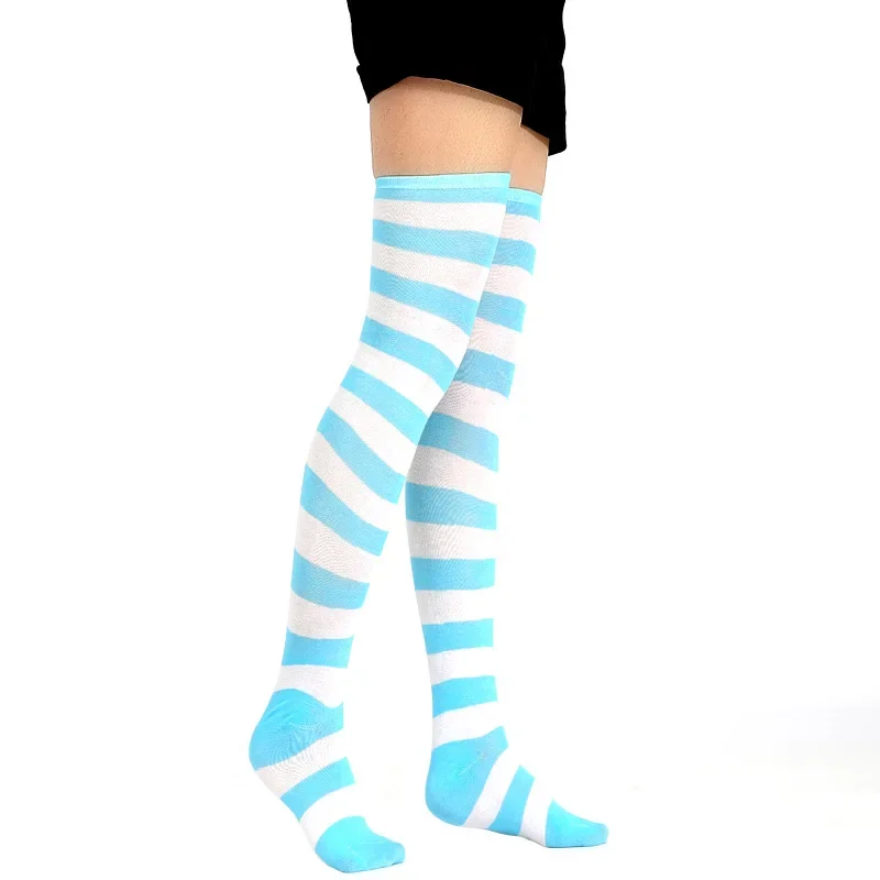 Kawaii Japanese Anime Overknee Cosplay Stocking Meias Lolita Tights Thigh High Striped Stockings Blue & White on Sale