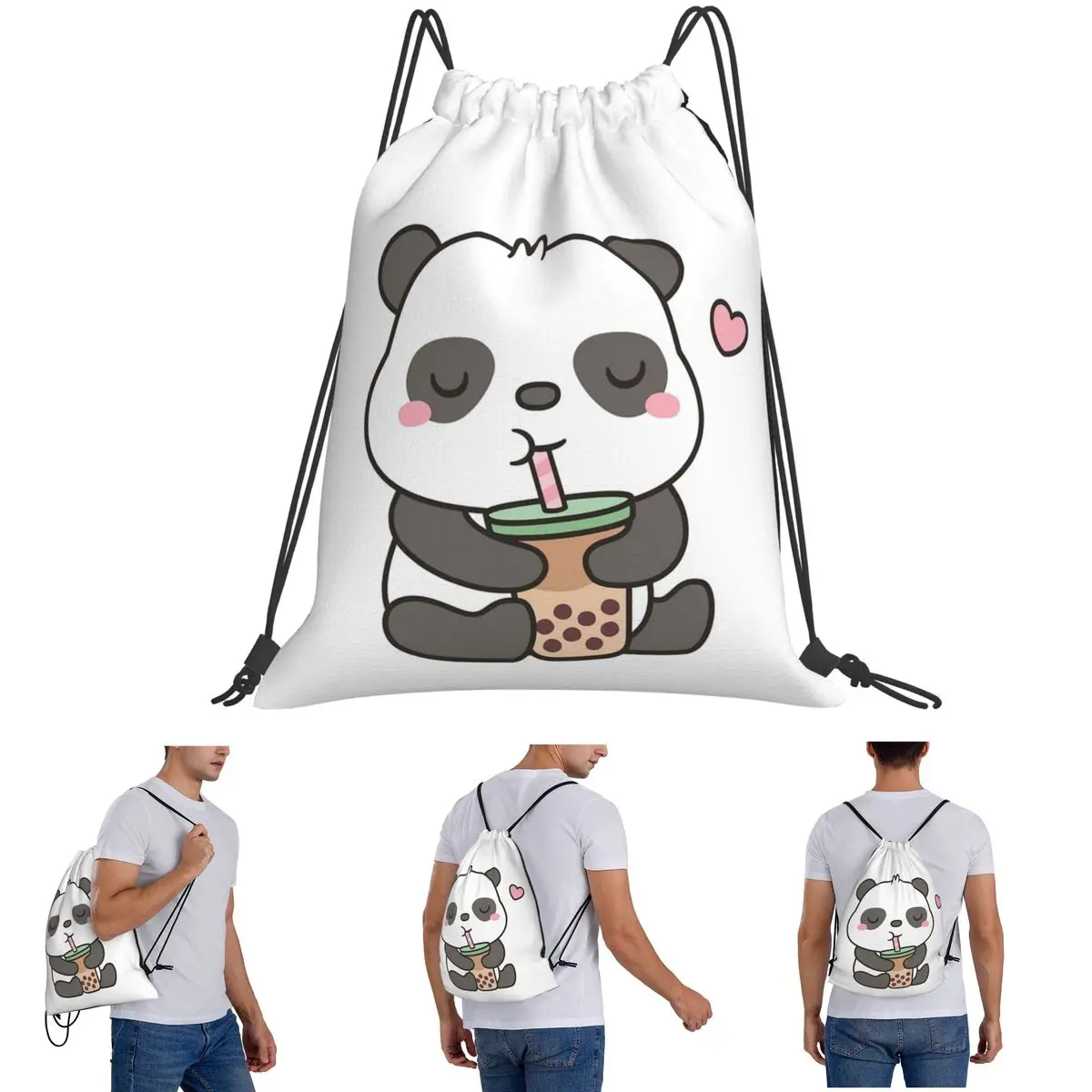 Cute Little Panda Enjoying Boba T Backpacks Multi-function Drawstring Bags Sports Bag Book Bags for Man Woman Students