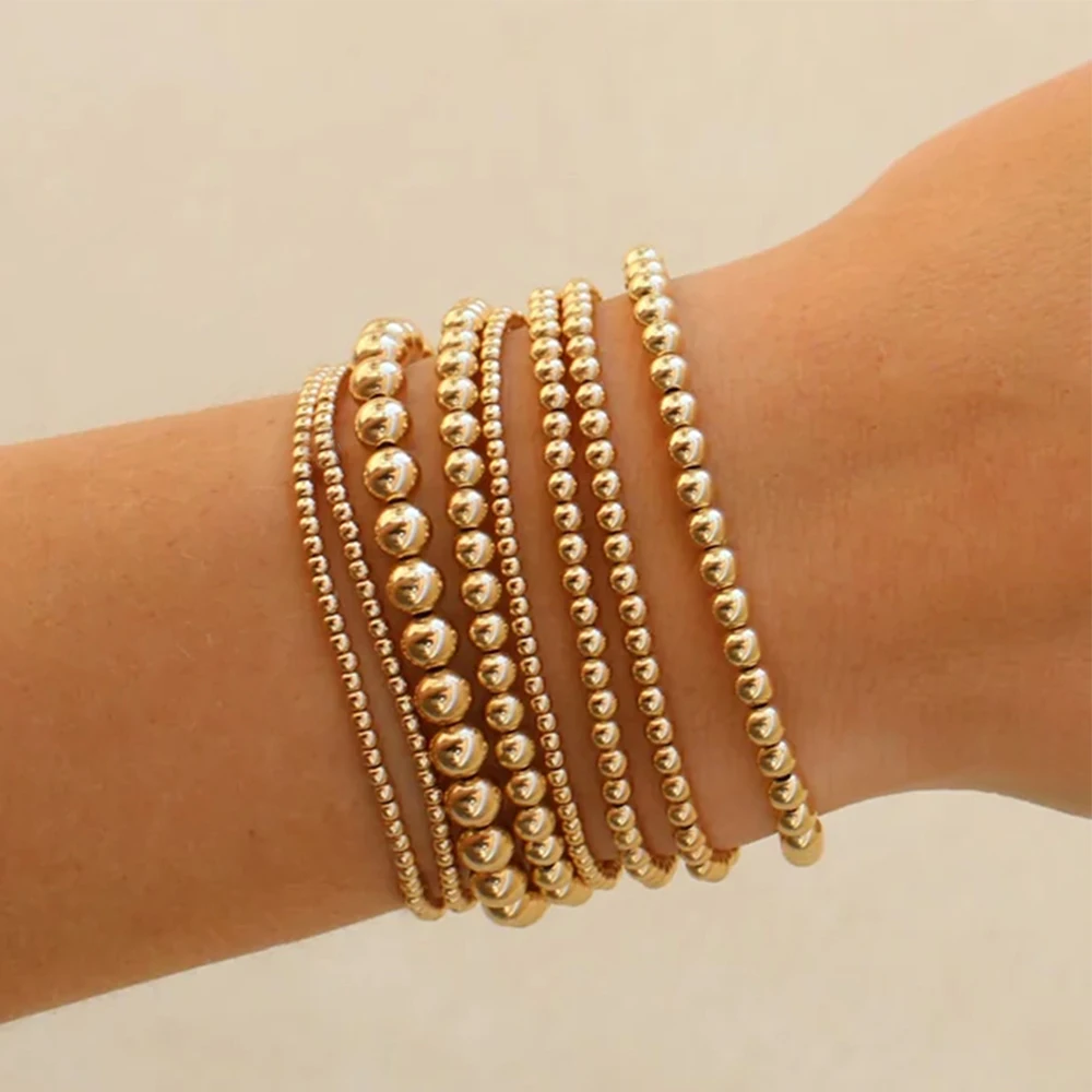 Badu Stainless Steel Gold Color Beaded Bracelet for Women Men 3/4/5/6 MM Ball Beads Stack Stretch Bracelet Waterproof Jewelry