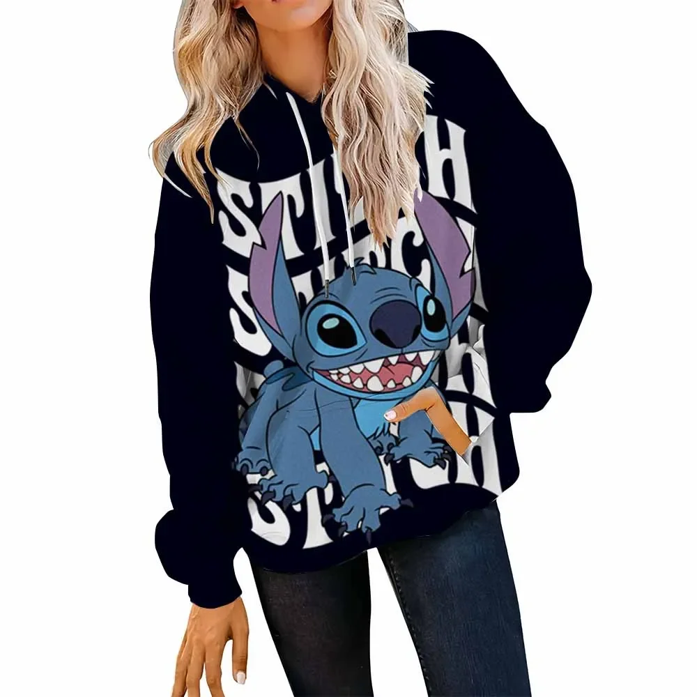 Bluza z kapturem na jesień i zimę, luźny krój, długi rękaw, nadruk Disney Stitch, jesień-zima, rozmiar plus size, zapinana na zamek, transgraniczna.