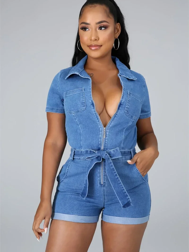 Streetwear DENIM Rompers Playsuits เสื้อผ้าฤดูร้อนผู้หญิง 2025 เปิดลงปก Jean กางเกงขาสั้น Jumpsuits One ชิ้น Overalls ชุด