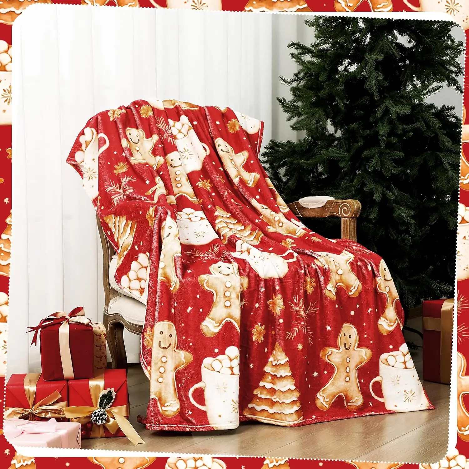 SmoothNovelty Gingerbread Man Christmas Blanket,Flannel,Red