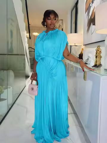 Long Summer Dress Woman High Waist Draped Chic Sky Blue Dress Straight One Piece Casual Elegant Maxi Dresses for Evening