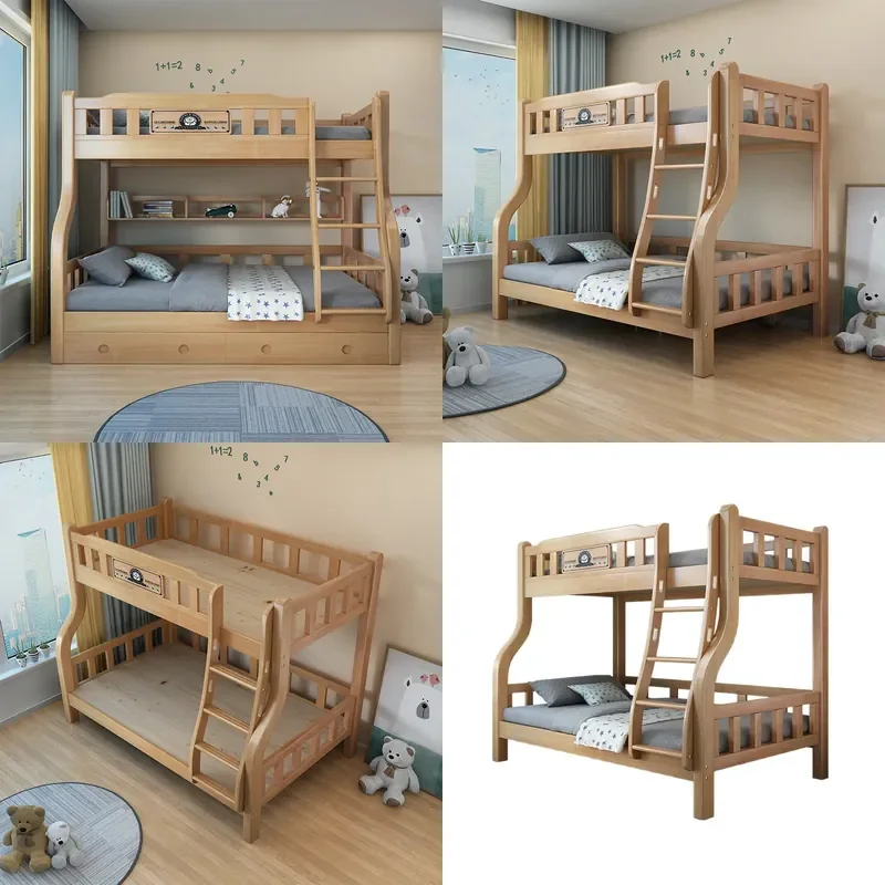 For All Solid Wood Rubber Wood Double Layer Bunk Bed Multi Functional Upper Lower Beds Mother Child Furniture for Rental