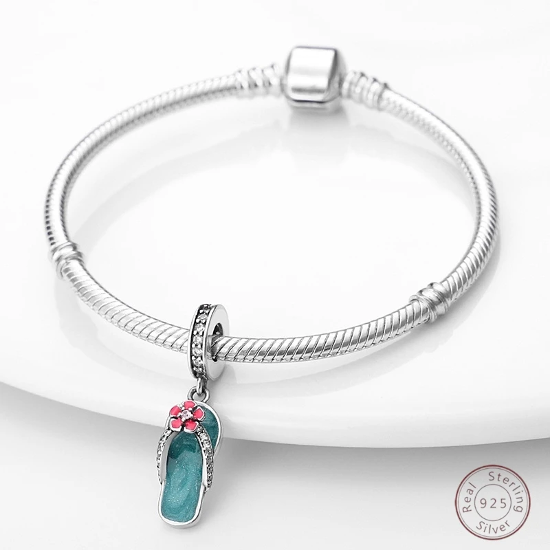 925 Sterling Silver Beaded Pendant Blue Zircon Ocean Shell Original 3mm Bracelet Women Fine Jewelry