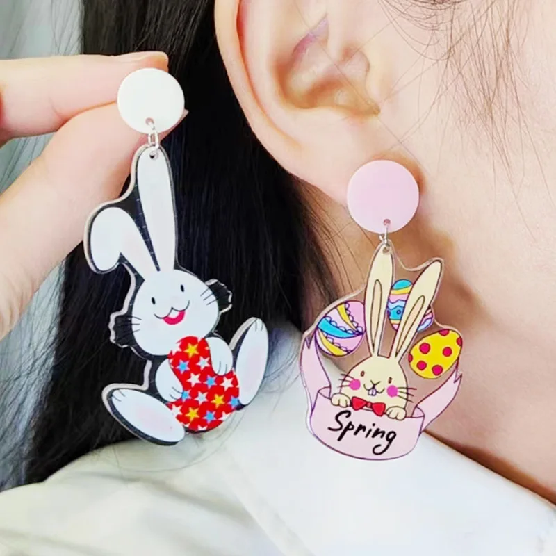 Easter Egg Flower Basket Rabbit Earrings Letter Tie Carrot Basket Flower Bush Chicken Print Pendant Easter Earrings Jewelry Gift