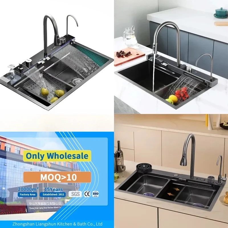 for 304 Stainless Steel Black Nano Smart Kitchen Sink with  Digital Waterfall Faucet and Cup Washer