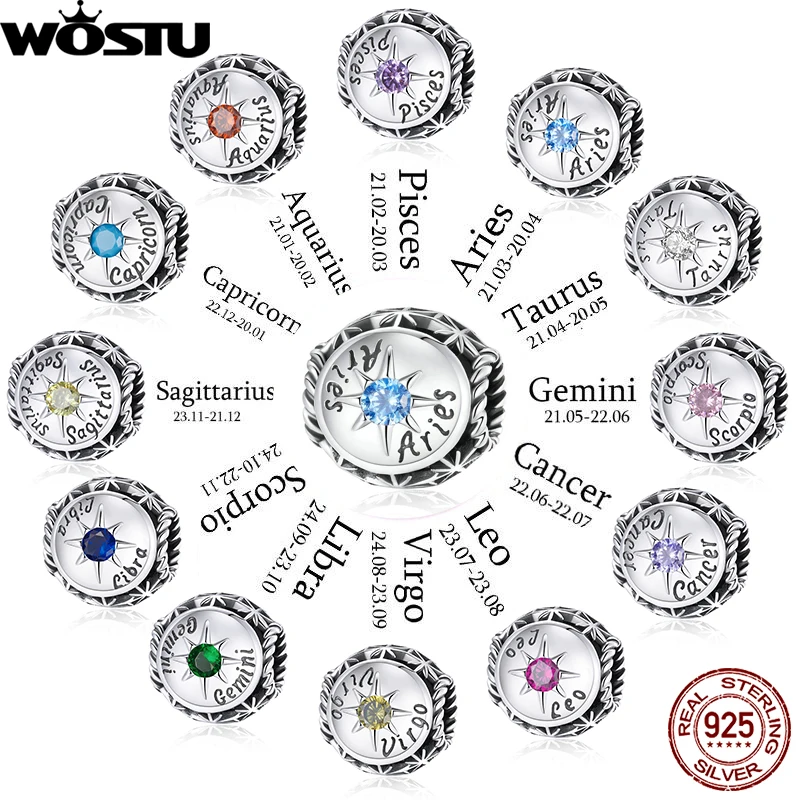 

WOSTU 925 Sterling Silver Shining Aries Beads 12 Constellations Zodiac Charms Fit Original Bracelet Women DIY Fine Jewelry