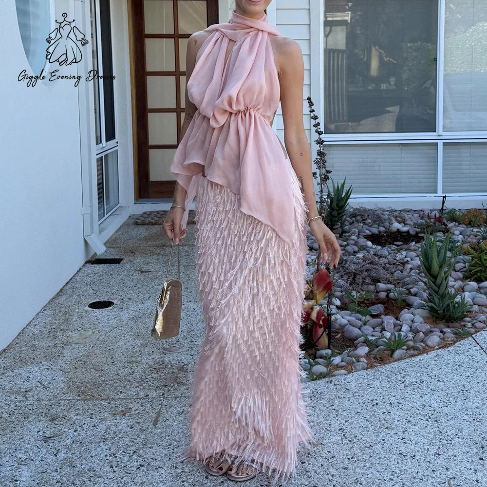 Robe de soirée sirène en mousseline de soie, sans manches, col licou, franges, robe de soirée formelle de Gala, robes de bal de luxe personnalisées, 2026