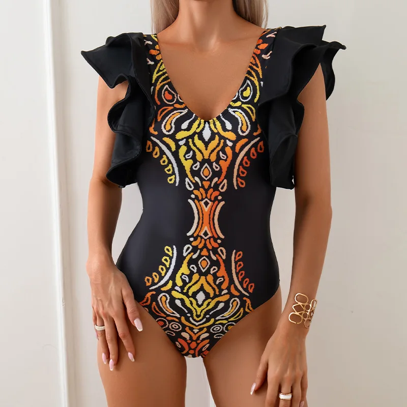

2026 Ruffle Printed Swimsuit Women One Piece Backless Swimwear Female V-neck Beachwear Bathers Bathing Swimming Swim Suit
