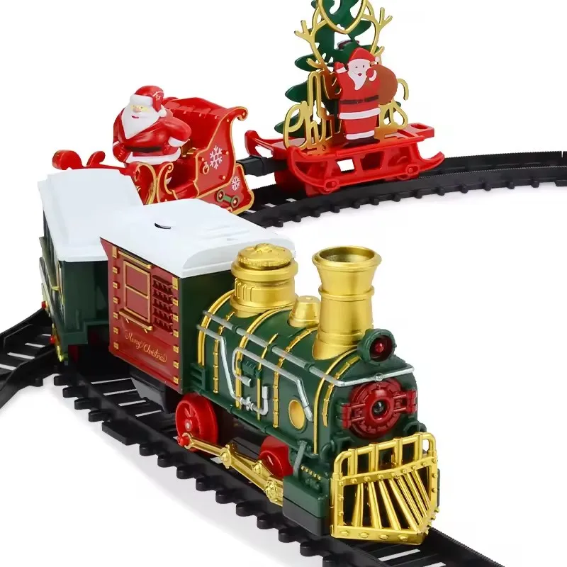 2025 Christmas Tree Electric Train Tracks Set Santa Claus Cargo Cars With Xmas Sounds Lights Toys For Kids New Year Xmas Gift