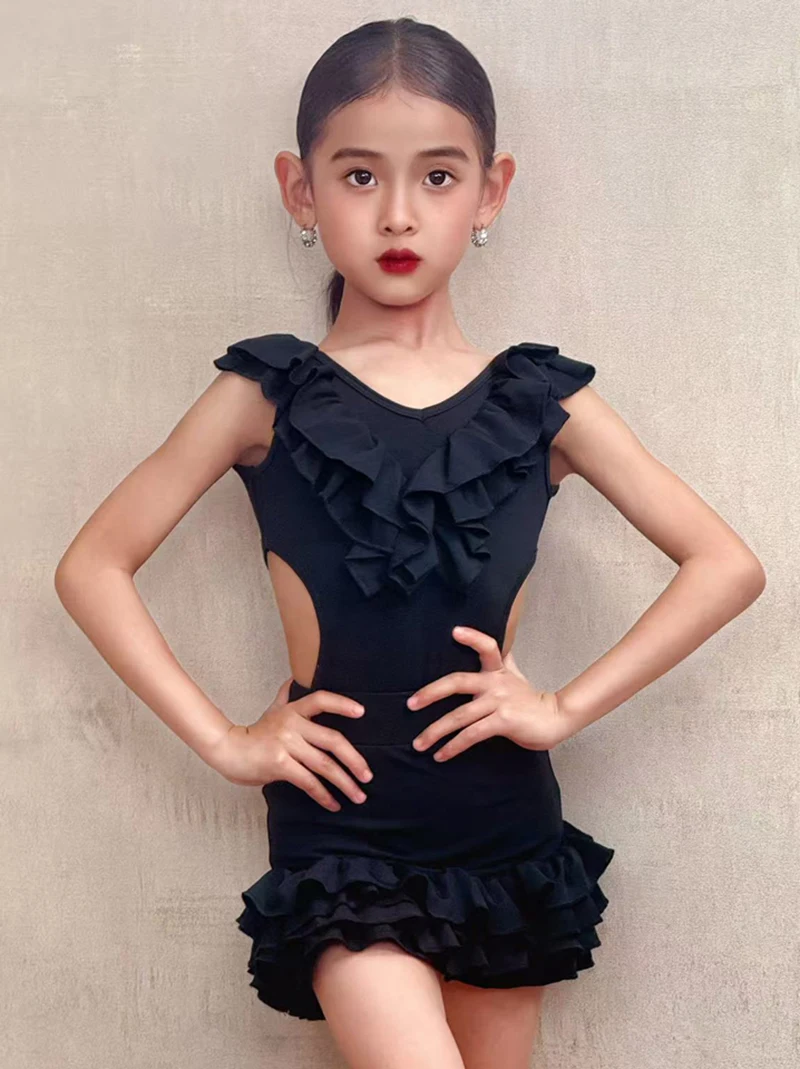 Dziecięce dziewczęce stroje do tańca latynoskiego bez rękawów, z falbankami, drążone fałdy, sukienka do tańca Samba Rumba praktyka konkursowy kostium taneczny