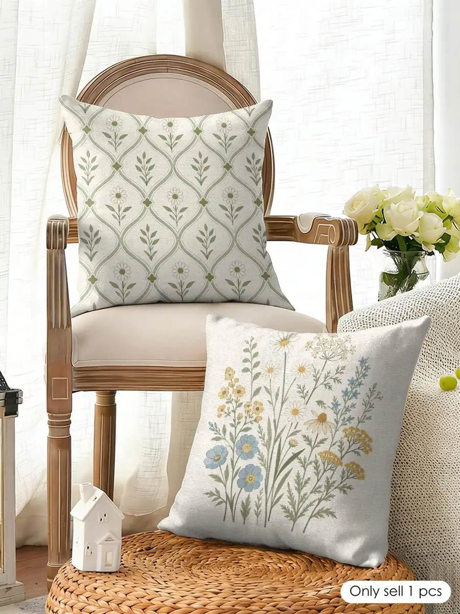 Colorful Wildflower Geometric Mix Cushion Cover Natural Linen Organic Fabric Double-Sided Printing Breathable For Home Decor