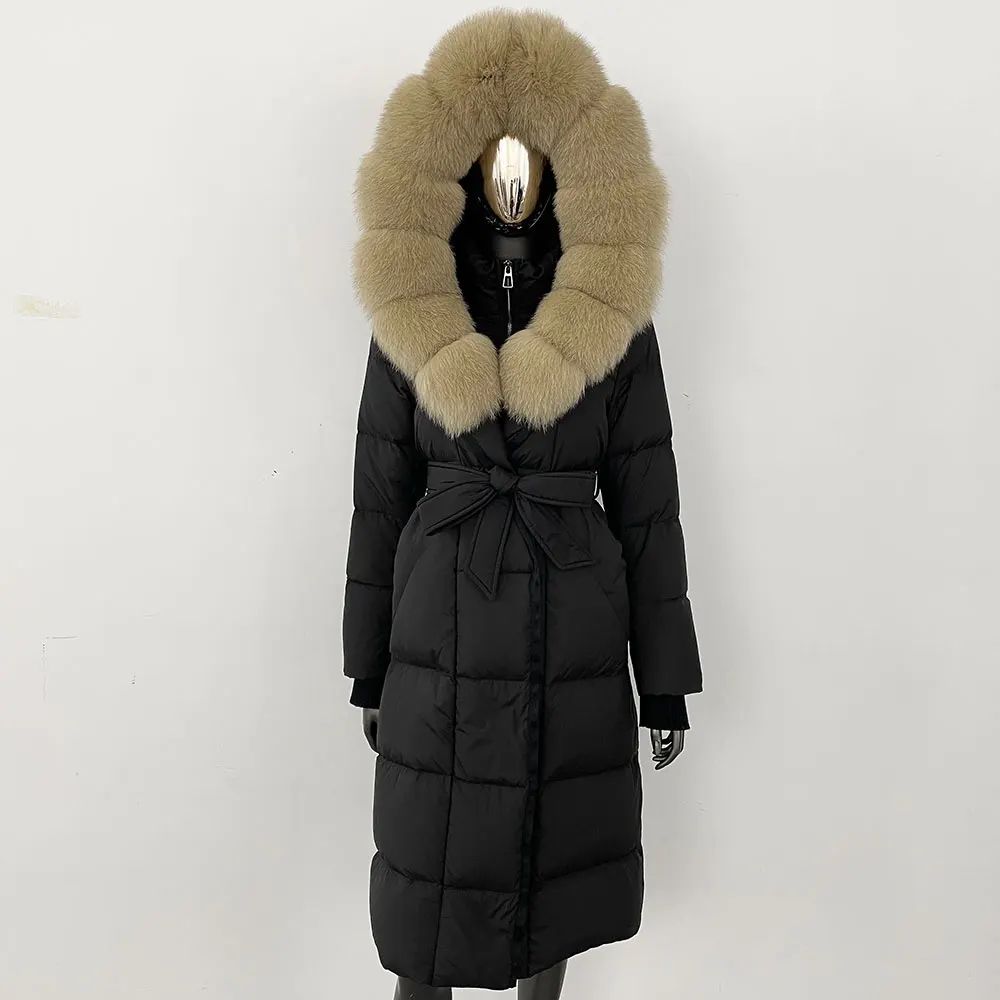 Giacca in pelliccia naturale da donna Parka 2024 inverno di lusso collo in vera pelliccia di volpe piumino d'oca bianca cappotto impermeabile allentato caldo spesso