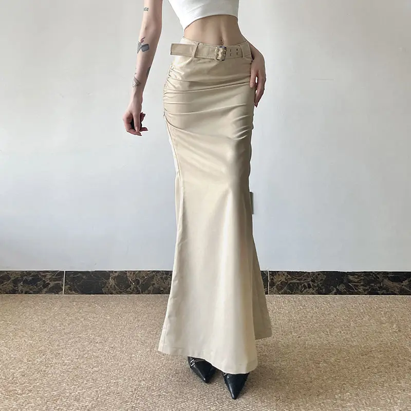 Fishtail Lange Rok Met Sjerpen Elegante Mode Solide Sexy Slanke Maxi-Rokken Met Middelhoge Taille Vrouwen 2024 Zomermode Streetwear