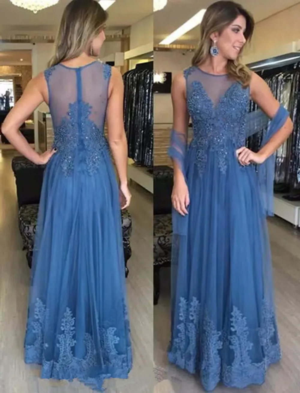 2023 Blue Mother Of The Bride Evening Dresses A-line Tulle Appliques Beaded Plus Size Long Groom Elegant Wedding Gown For Women