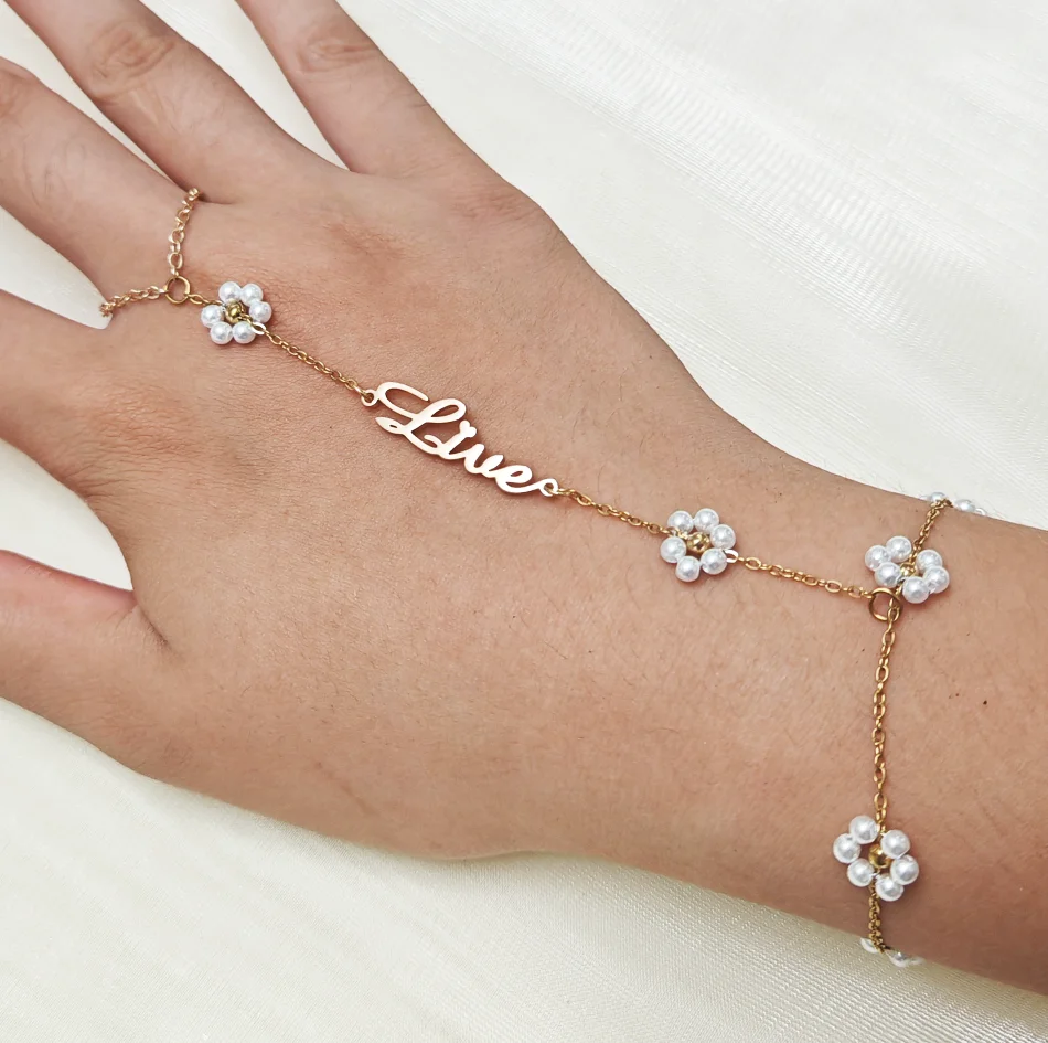 Customized Name Bracelet White Flower Finger Chain Personalized Versatile Imitation Pearl Stainless Steel Bracelet