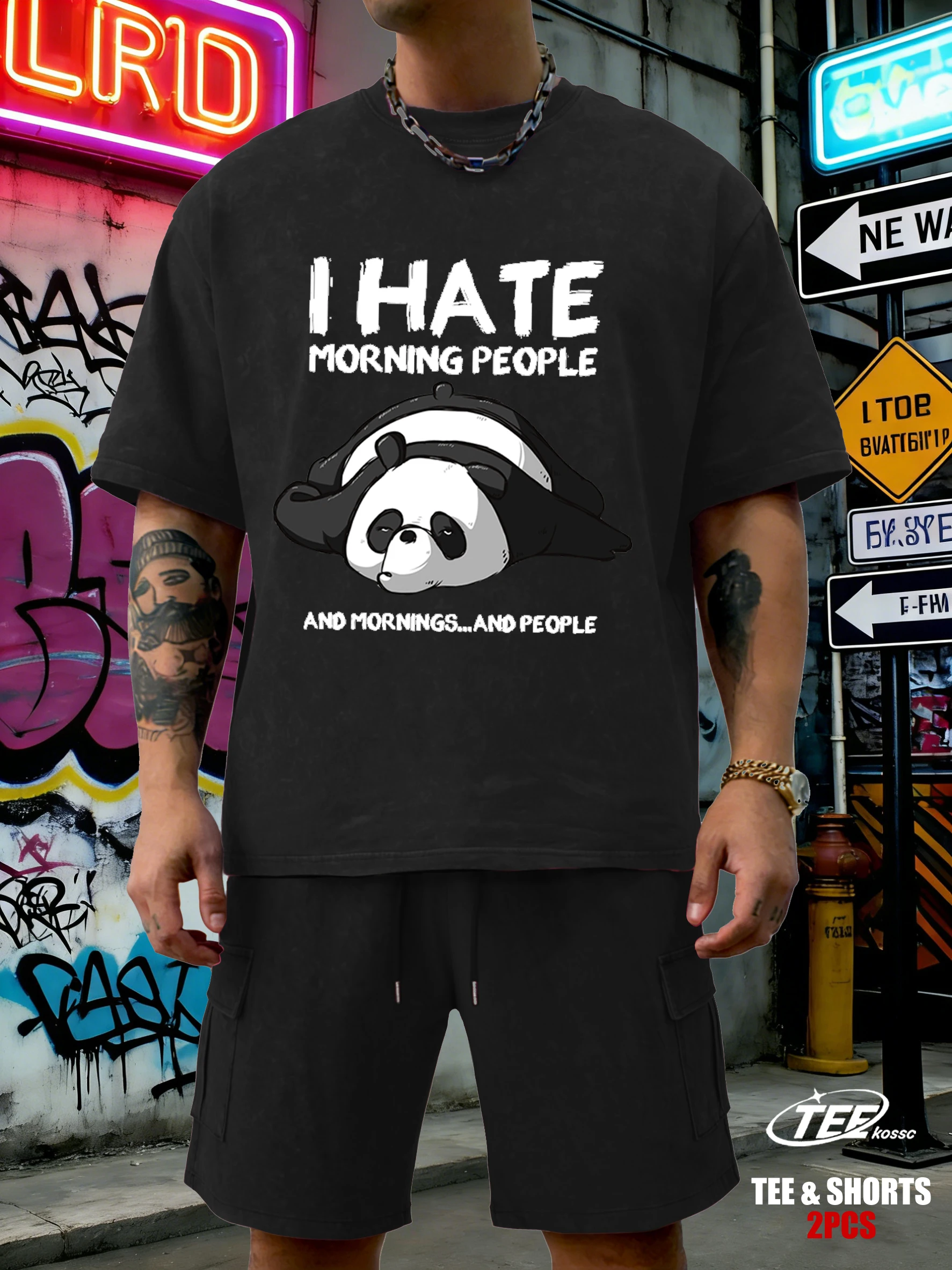 

Футболка с принтом Panda Hate Morning People в стиле ретро, мужской летний комплект из свободных хлопковых шорт, мягкая одежда с эффектом потертости, мужской спортивный костюм