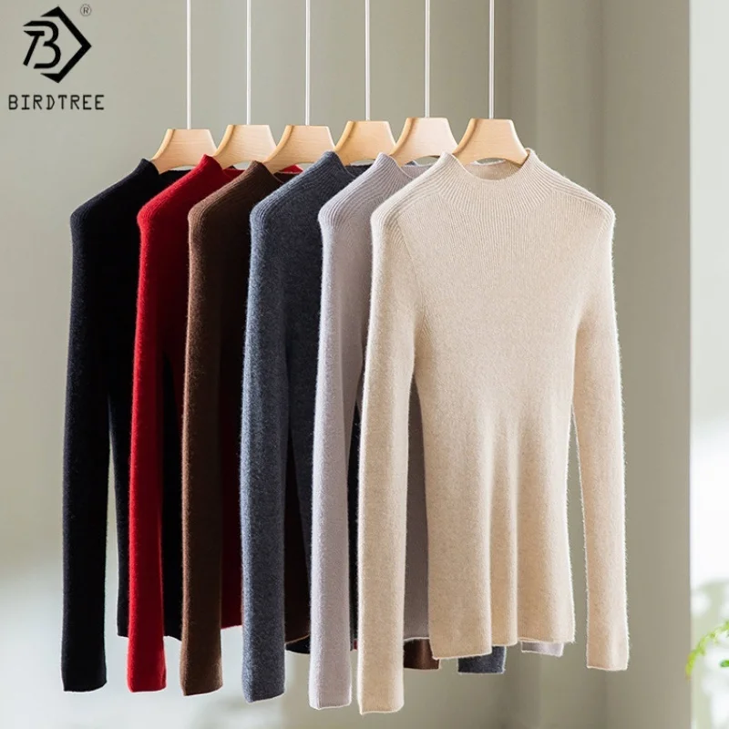 

Birdtree 100% Cashmere Bottoming Knitwear,Women Seamless Mock Neck Full Sleeve Sweater,2025 Autumn Winter Pullover T59907JF