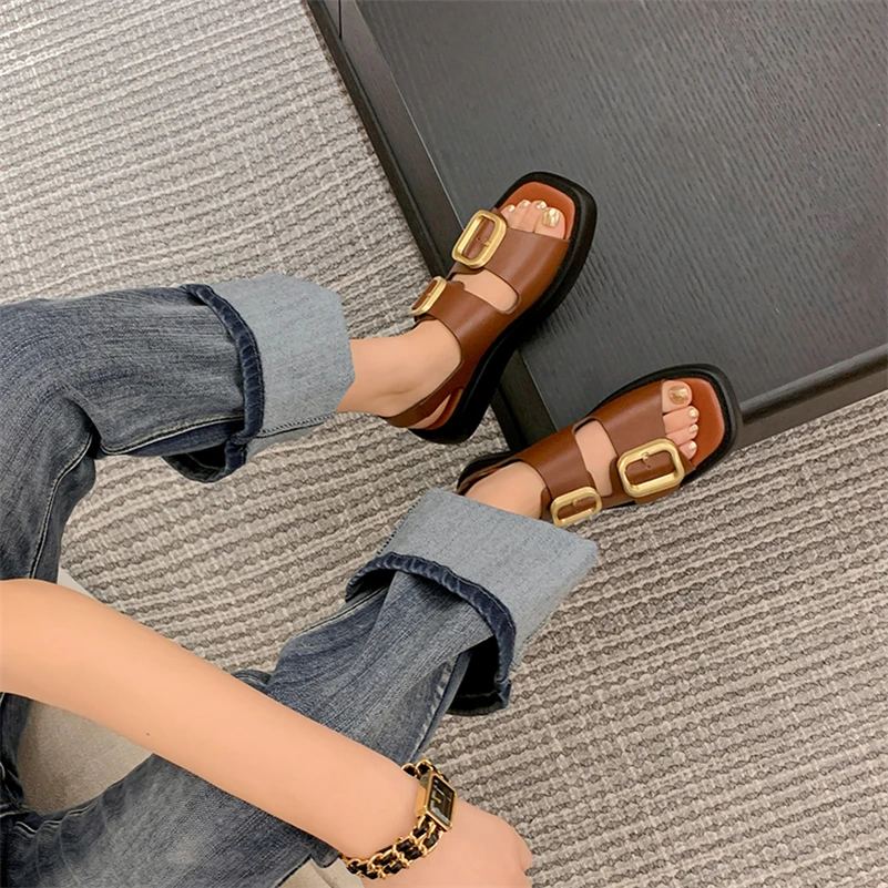 Meotina Genuine Leather Sandals Women Gladiator Shoes Square Toe Flat Platform Footwear Summer Buckle Sandals Ladies Brown Beige