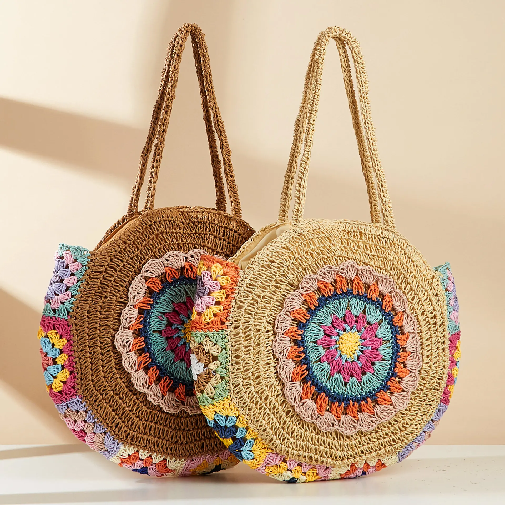 

Ethnic Style Round Straw Weaving Fashion Shoulder Bag Summer Handmade Woven Beach Underarm Bags Women's Large Capacity Tote Bag