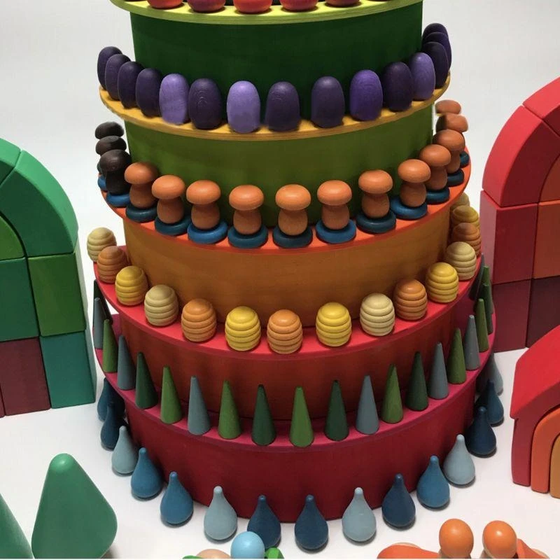 

090B 324Pcs Kids Wooden Rainbow Block Loose Parts Mushrooms Honeycomb Droplets Tree Cones for Creative Building Blocks
