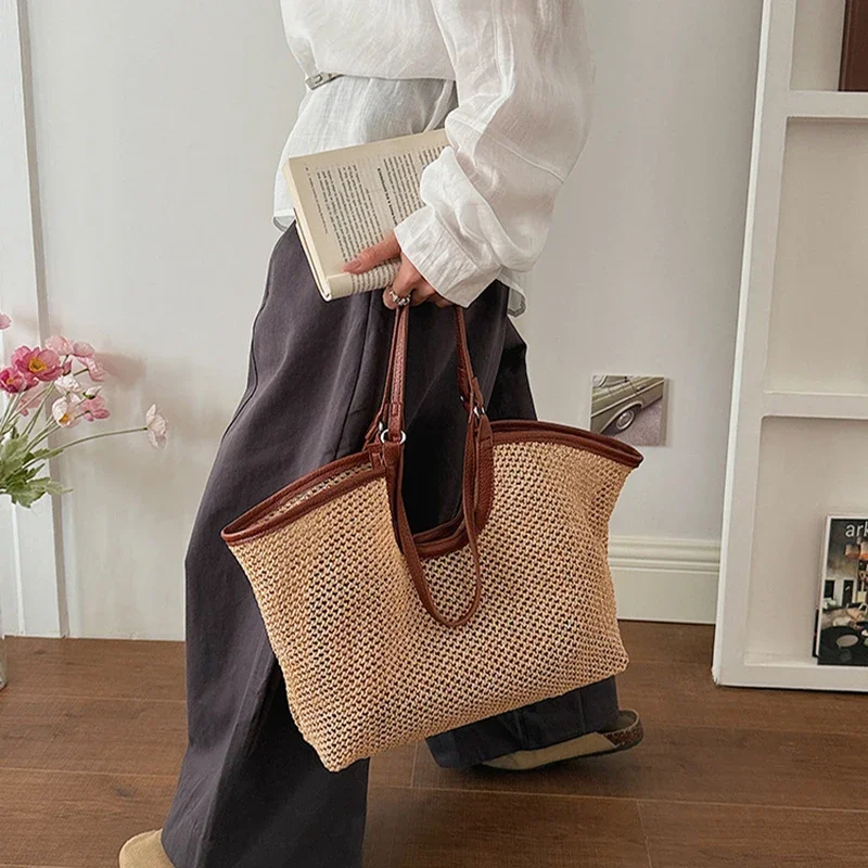 Large Capacity Woven Tote Bag, Women Spring Trendy Contrast Color High-end Versatile Shoulder Bag Top Handle Satchel Handbags