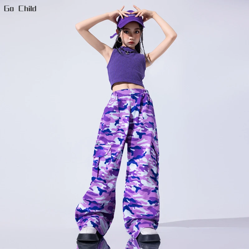 Girls Streetwear Hip Hop  Crop Tank Top Camouflage Purple Cargo Pants Kids Vest Street Dance Jazz Costumes Children Clothes Sets