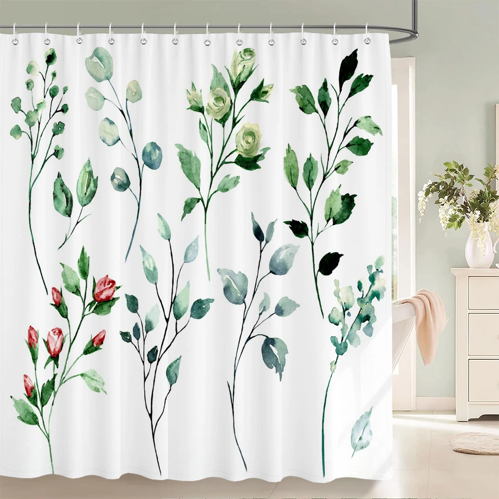 Fresh Green Plant Flowers Leaves Shower Curtain Bathroom Curtains Waterproof Polyeste Fabric Bathtub Decor With Hooks 180X180cm