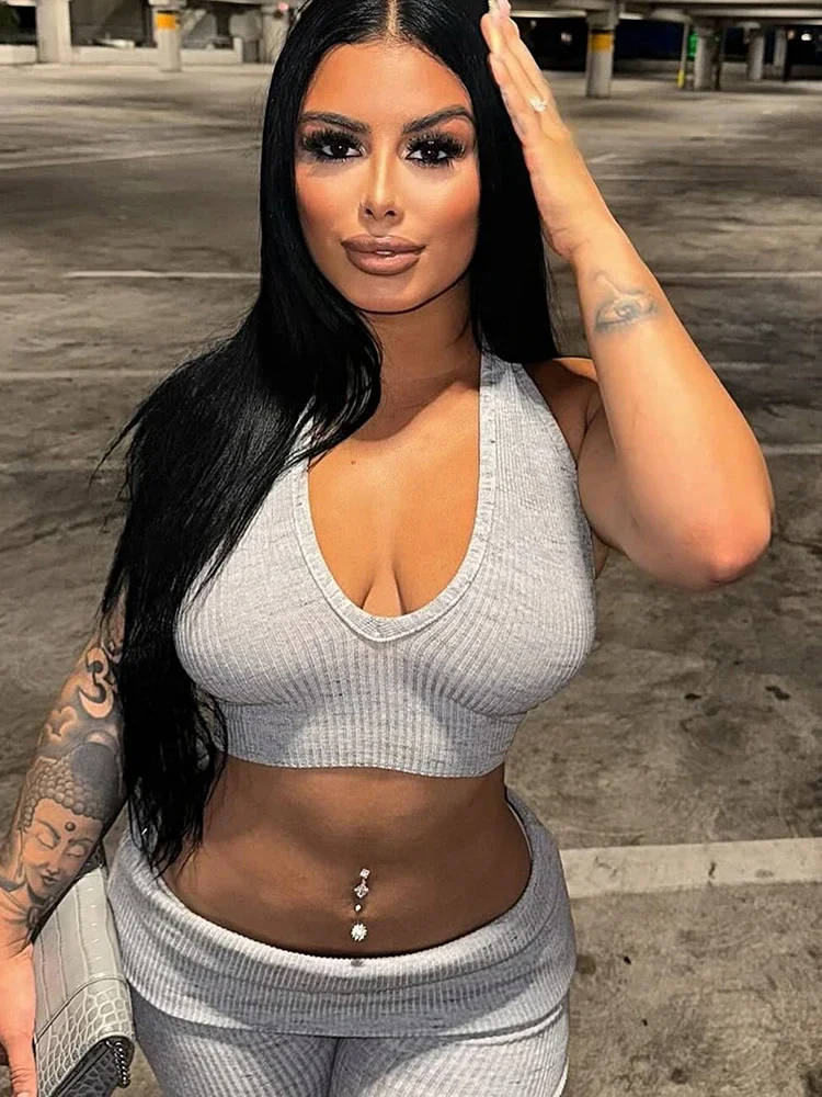 Leosoxs-Conjunto de 2 piezas acanalado para mujer, camisetas sin mangas informales con espalda descubierta y pantalones de solapa, ropa de calle informal elástica a juego