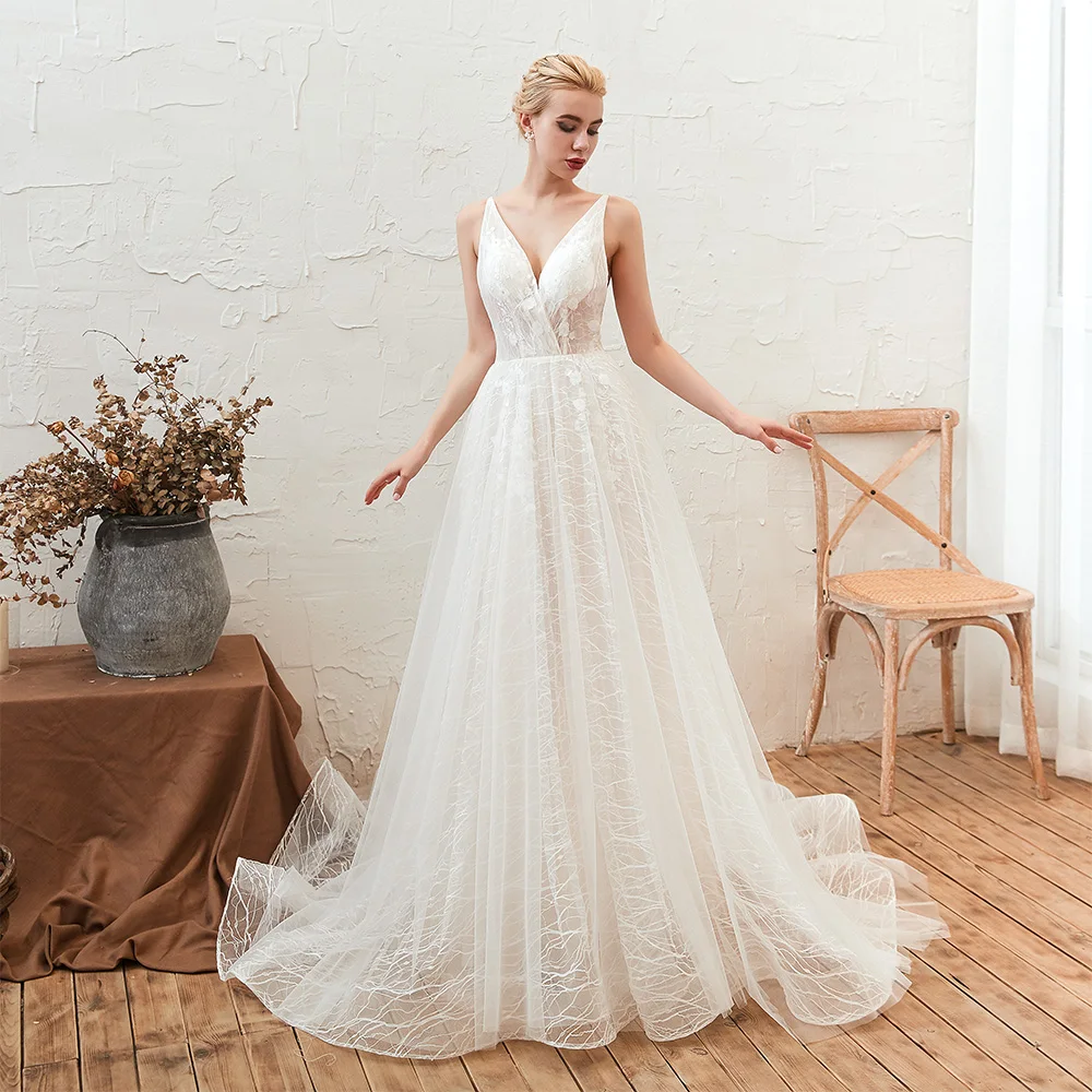 Abiti da sposa a trapezio lunghi fino al pavimento con scollo a V in organza senza maniche Abiti da sposa sexy e alla moda in pizzo Sweep Train Lace Up Back