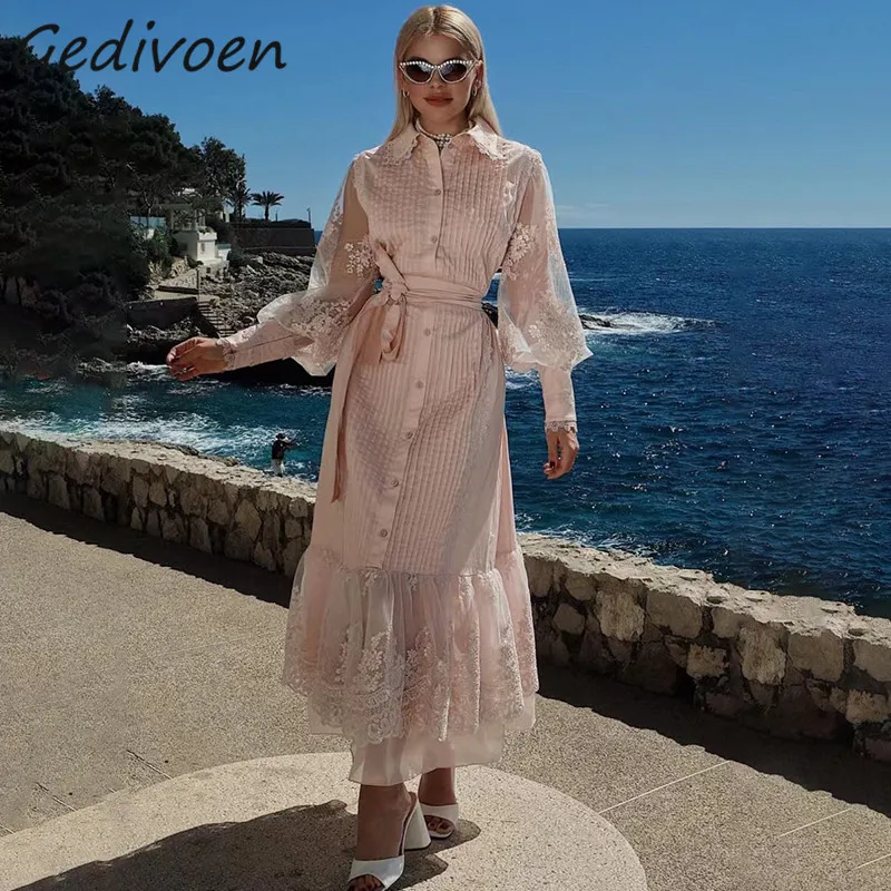 

Gedivoen Fashion Runway Summer White Elegant Dress Women Lantern Sleeve Pleated Button Frenulum Lace Chiffon Ruffles Long Dress