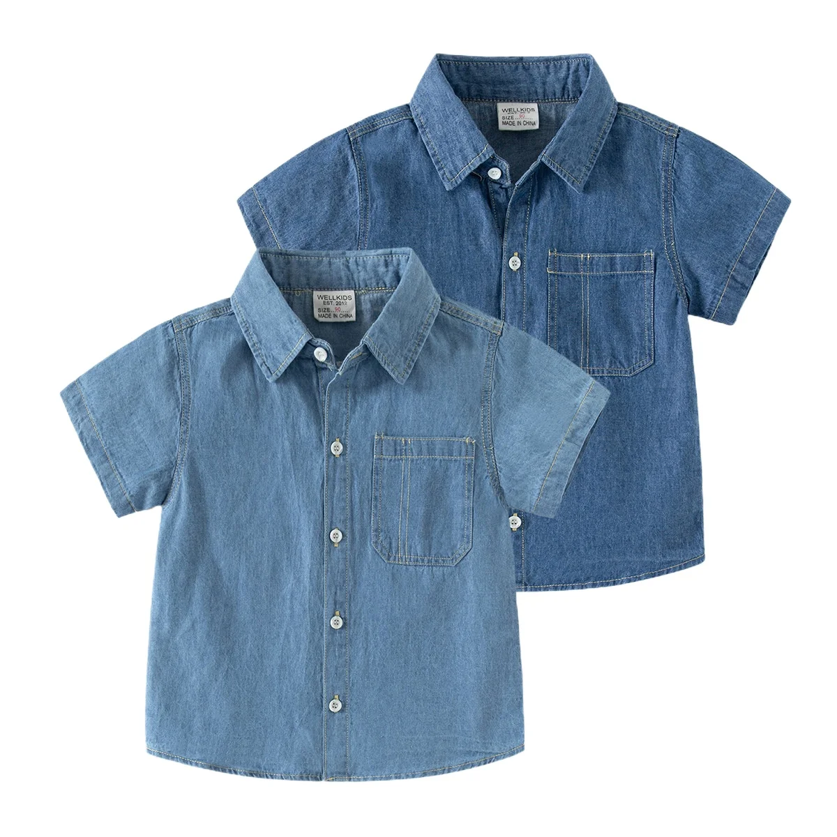 

2024 Summer New Fashion Handsome Boys' Solid Color Short-Sleeve Denim Shirt, Casual Cotton Top for Kids Ages 3-8, 2 Colors