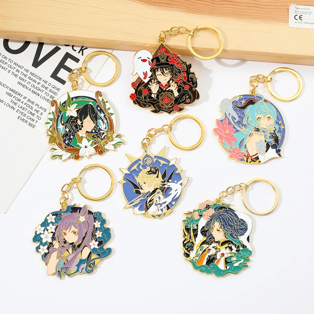 Game Anime Genshin Impact Figure Enamel Keychain Hu Tao Xiao Metal Keyrings for Car Key Backpack Key Holder Pendant Accessories