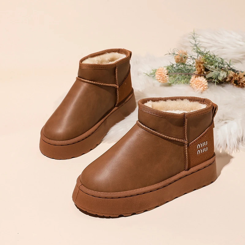 2026 جديد الشتاء الراحة بلون منتصف الكعب أحذية نسائية رئيس مستدير زيادة بسيطة الدافئة والصوف كم حذاء الثلوج المسطح 41 #2