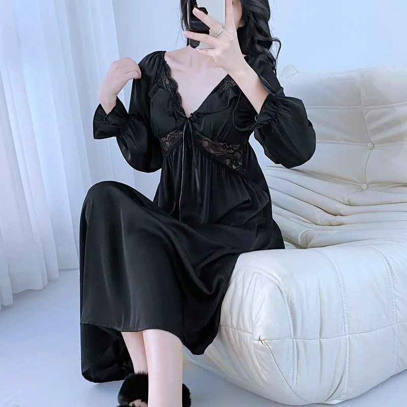 V-Neck Nightdress Court Style Women Lace Sleepwear Nightgown Loungewear Summer Silky Satin Bathrobe Dressing Gown Nighty Drrees