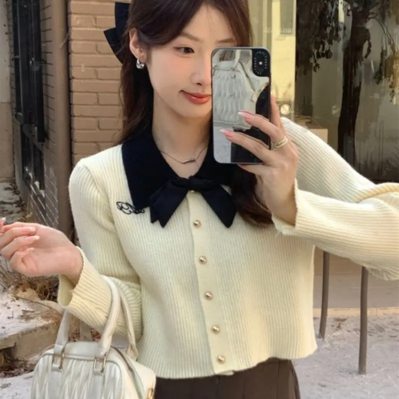 Women Autumn Fashion Loose Bow Solid Color Turn-down Collar Long Sleeve Knitwear Ladies Sweet All-match Knitting Cardigan Coat