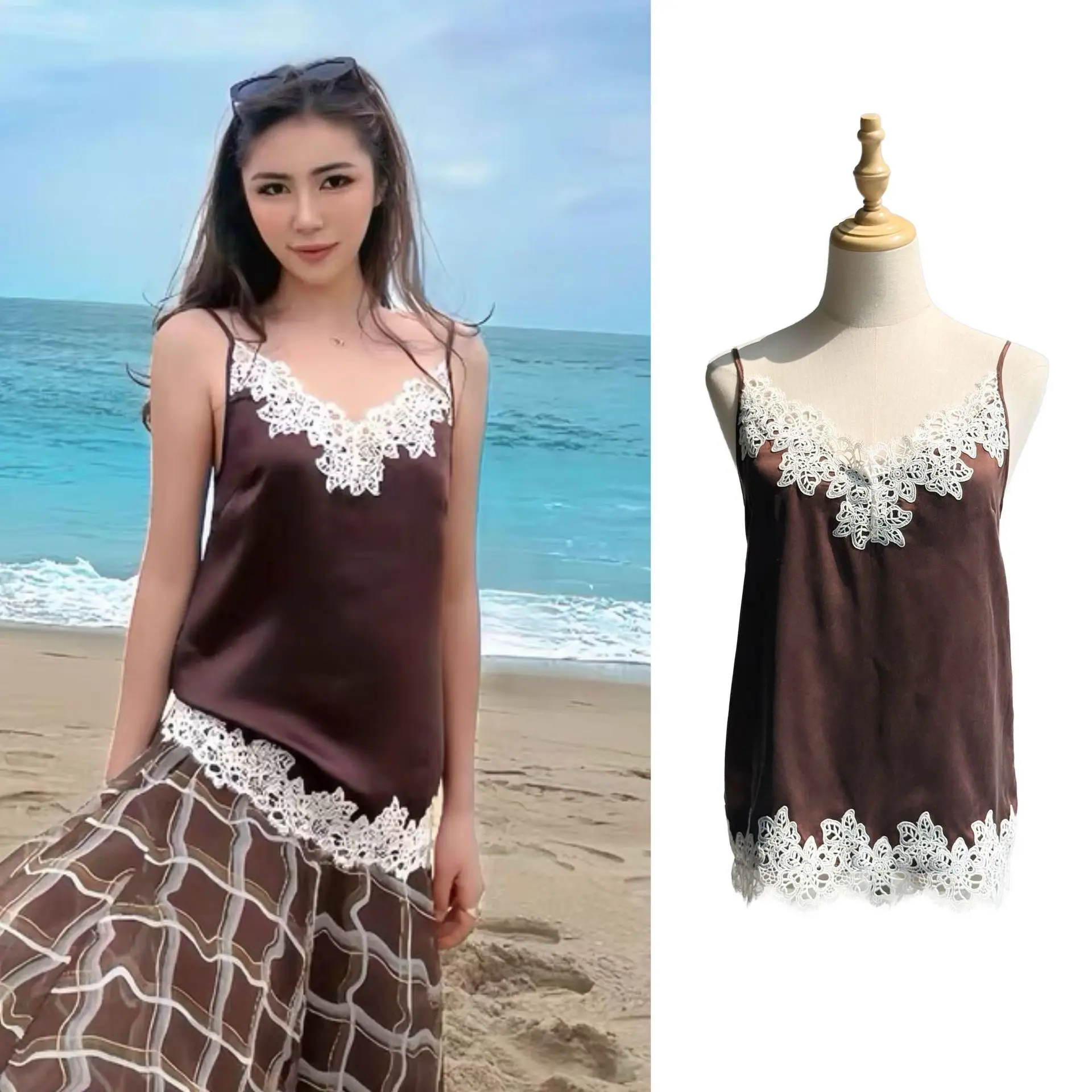Women 100% Mulberry Silk Cami Top Sand Washed Satin V Neck Hollow Lace Trim Adjustable Spaghetti Straps Vintage Coffee Camisole