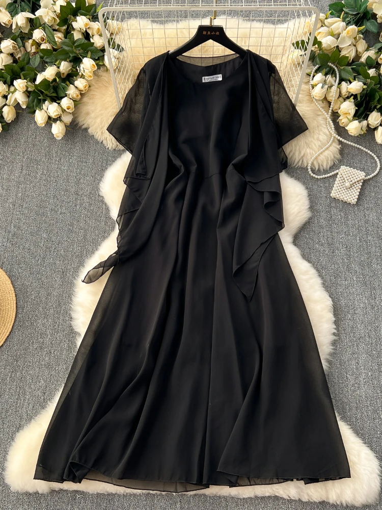 Summer Chiffon Casual Dress Women French Hollow Round Neck Midi Dresses Ladies Slim Short Sleeve Slim A-line Robe Vestidos