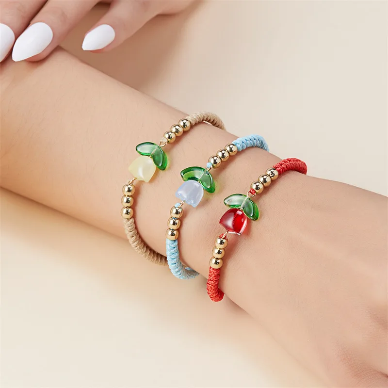 Meetvii Sweet Candy-colored Tulip Charm Bracelets for Women Hand-woven Dopamine Resin Flower Rope Bracelets Jewelry