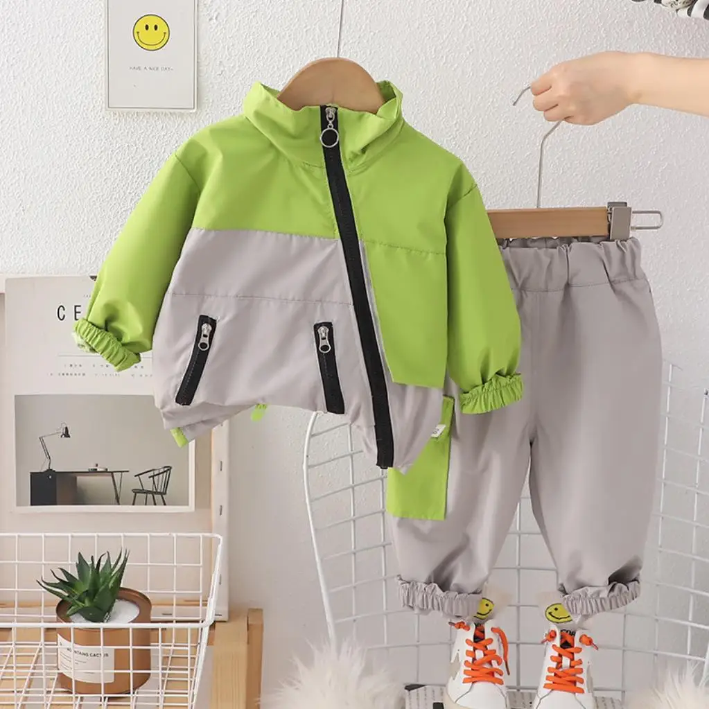 

Boys Spring Autumn Suits Children Patchwork Stand-up Collar Zipper Jacket and Pants Two Piece Outfits Toddler Kids Tracksuits