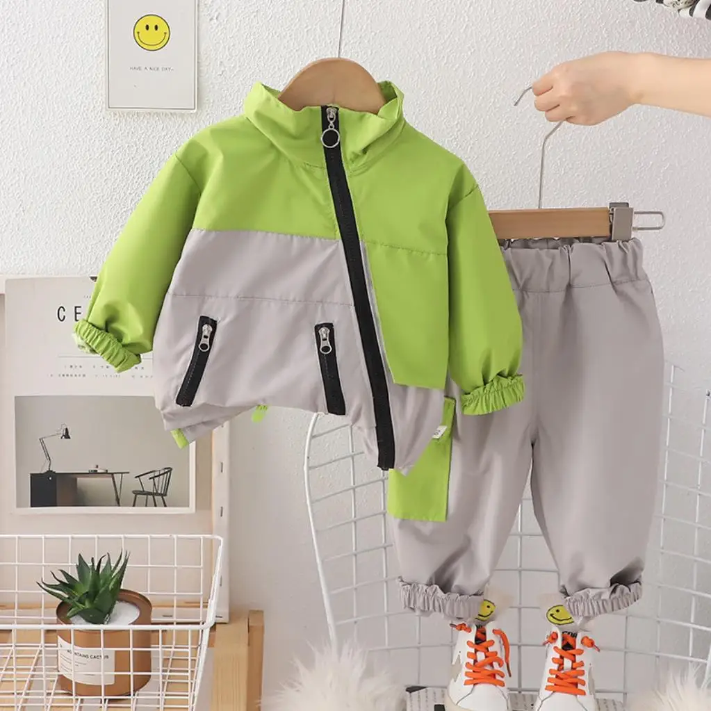 Boys Spring Autumn Suits Children Patchwork Stand-up Collar Zipper Jacket and Pants Two Piece Outfits Toddler Kids Tracksuits