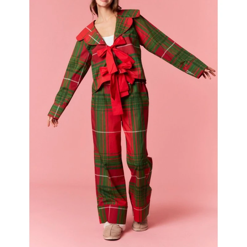 

Christmas Bow Tie Front Plaid Pajamas Set for Women Y2k Long Sleeve Babydoll Shirt and Pants Loungewear Xmas Jammies