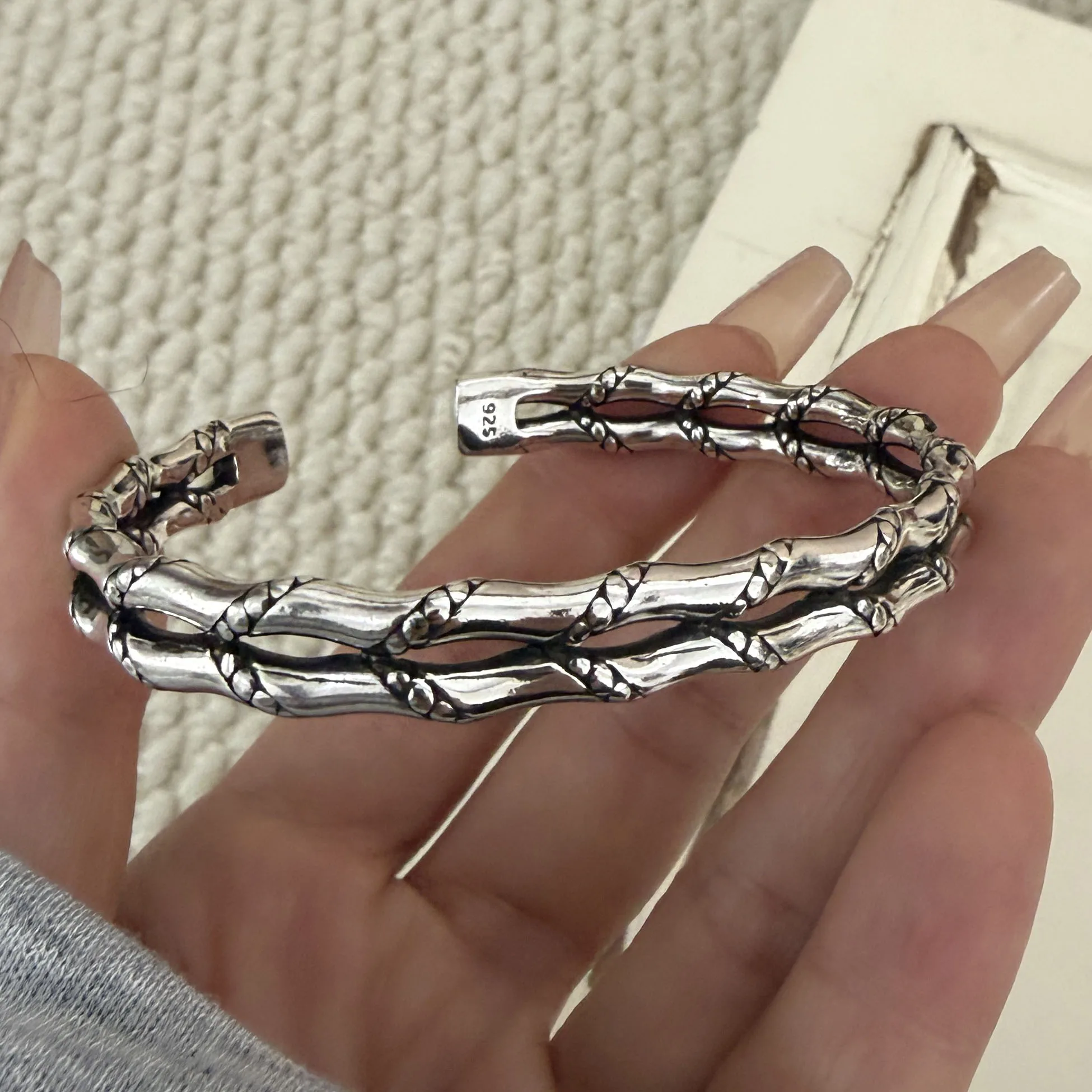 100% Solid 925 Sterling Silver Retro Bracelet for Women Men Vintage Handmade Double Layered Strip Simple Bracelet Birthday Gift