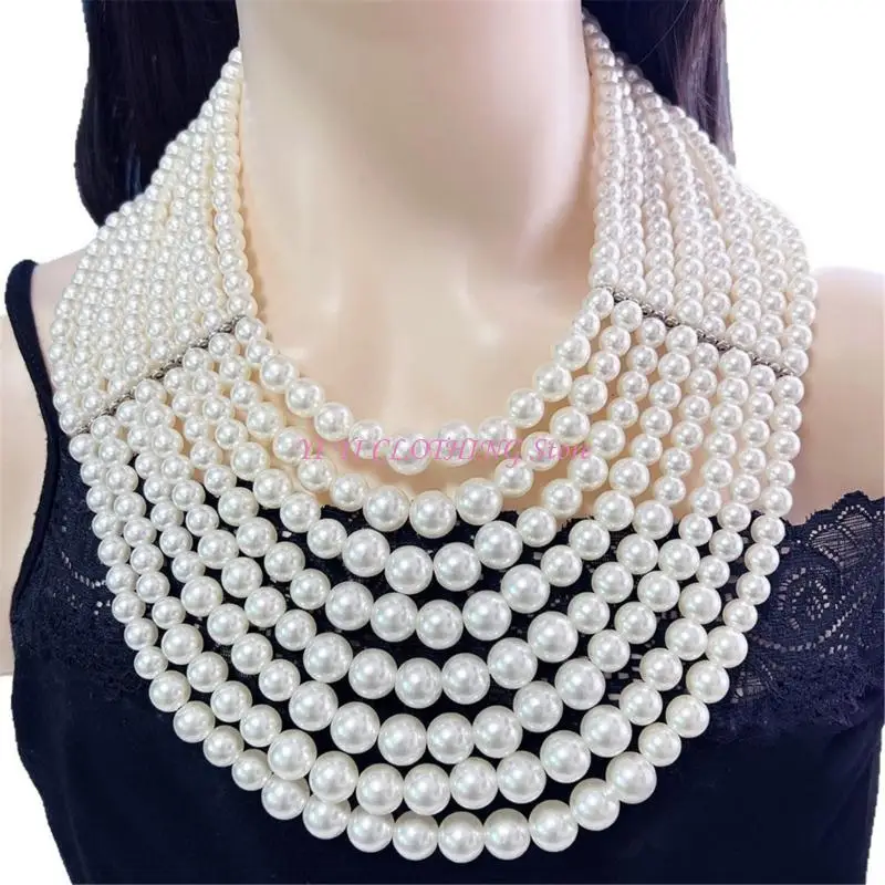 N5KF Sophisticated Layering Faux Pearls Necklace And Earrings Bead Jewelry Featuring Polished Detailing For Special Occasion