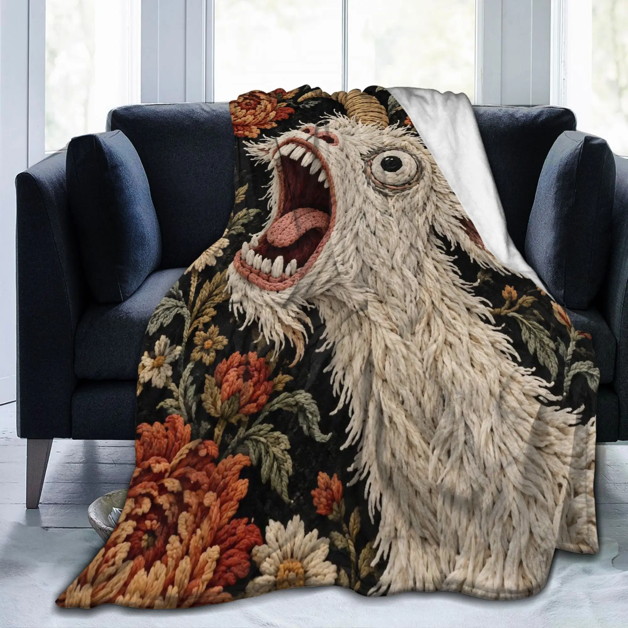 Screaming Goat Horror Gothic Floral Blankets Flannel Print Halloween Multi-function Thin Bedding Throw Blankets for Couch