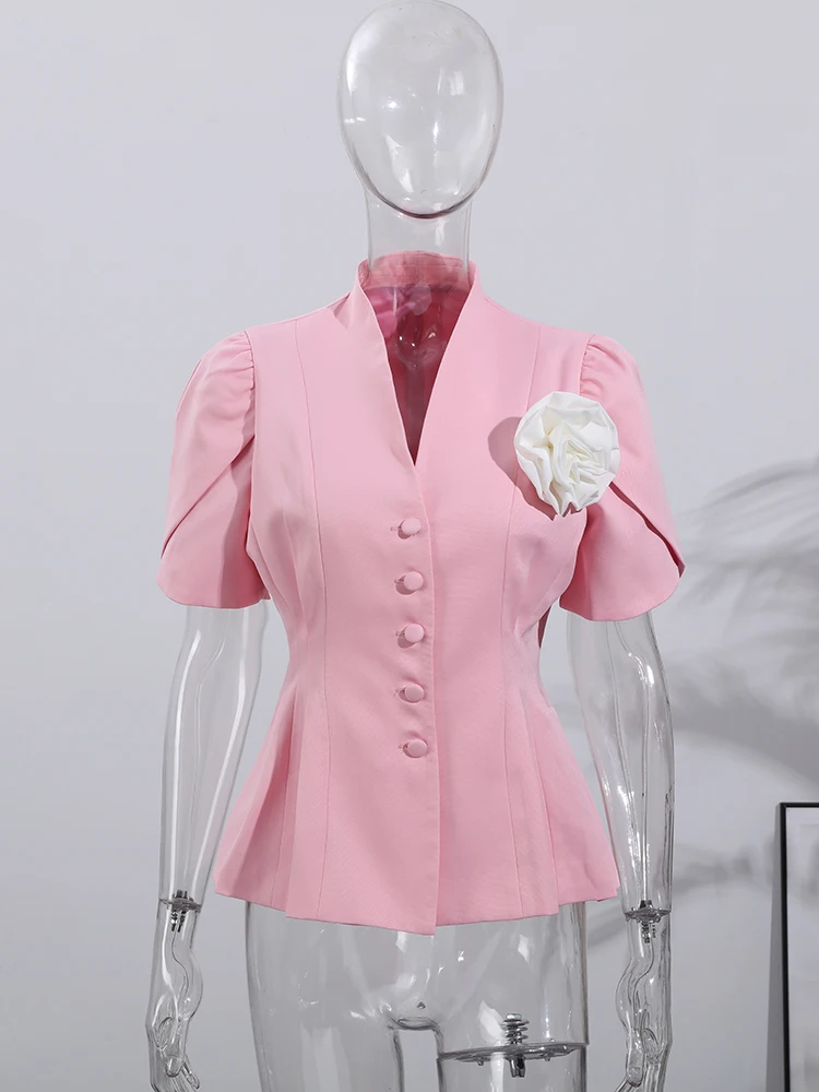 

3D Flower V-neck Short Sleeve Suit Jacket Women Elegant Single Breasted Waist Cinching Blazers New Fashion Office Lady Outerwear