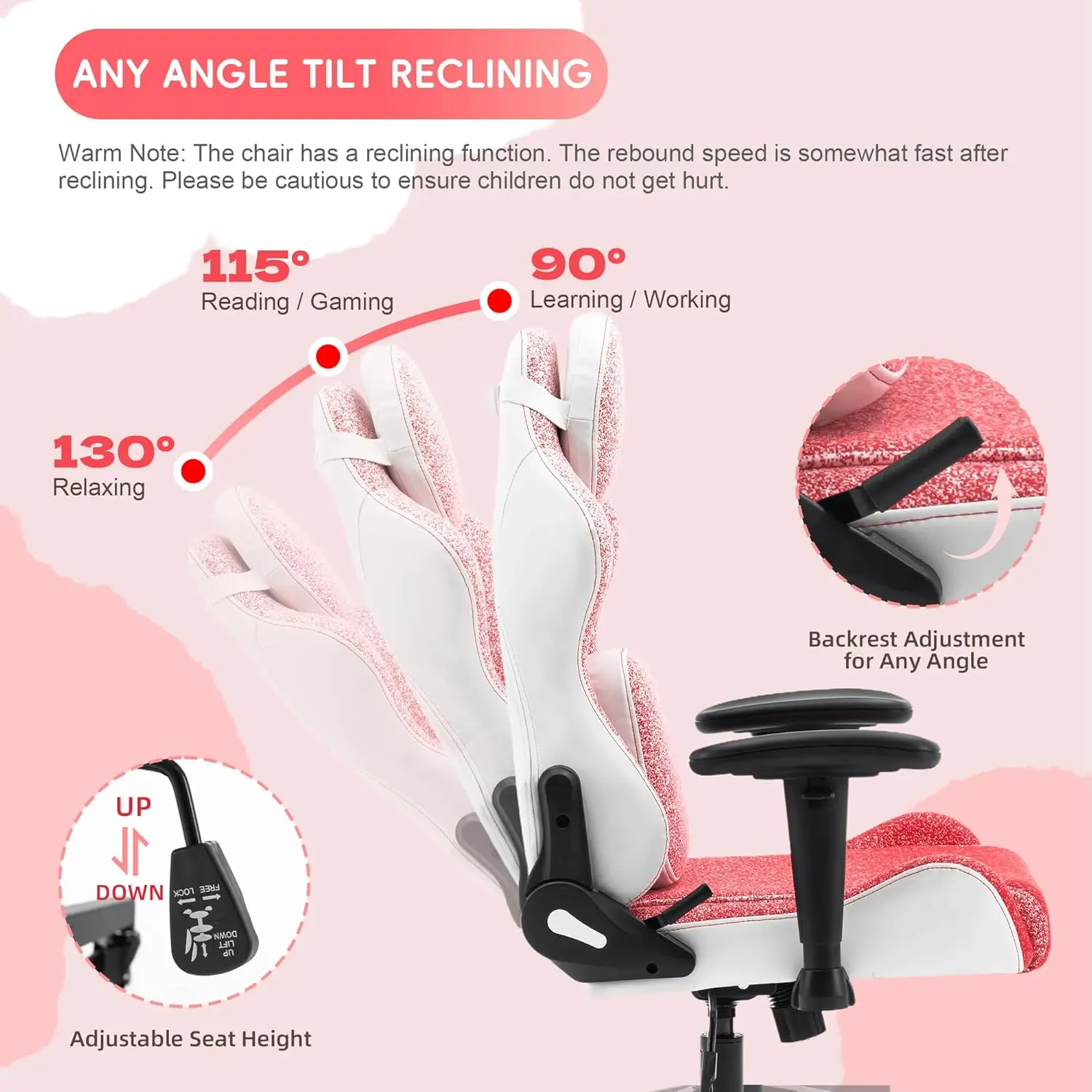 Pink Ergonomic Gaming Chair with Adjustable Armrests, Headrest, Swivel & Glow Casters – PU Leather Racing Chair for Teens & Adul